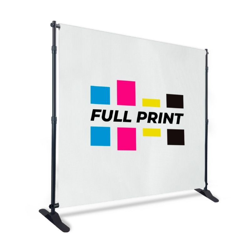 Banner stand with 'Full Print' text and colorful squares on a white background.