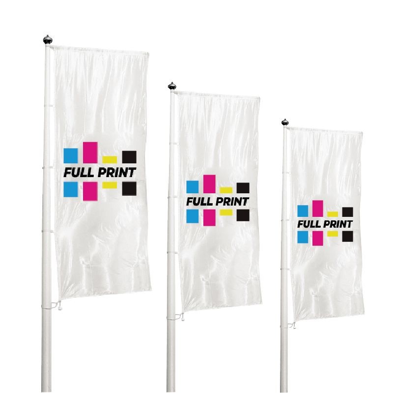 Three vertical flags on poles, each displaying a colorful logo with the text 'Full Print'.