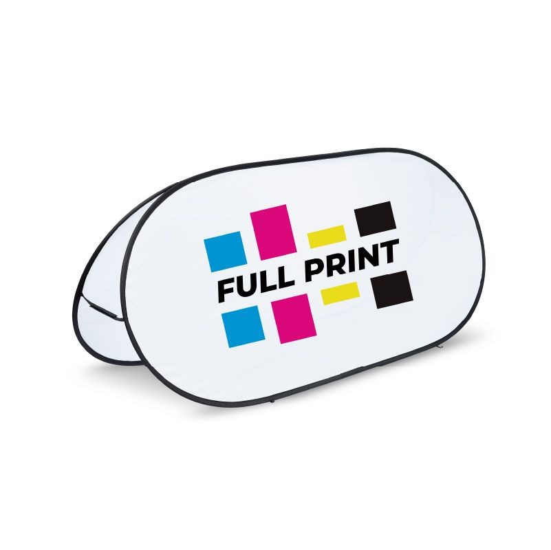 Oval-shaped pop-up banner with 'Full Print' text and colorful rectangles on white background.