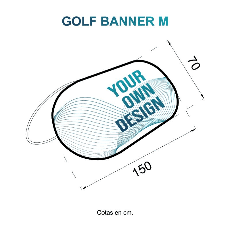 Golf banner design template with custom text and dimensions labeled 70 by 150 cm.